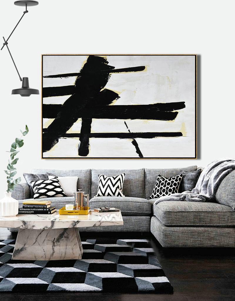 Large Wall Art Canvas,Horizontal Palette Knife Minimal Canvas Art Painting Black White Beige - Original Art Acrylic Painting